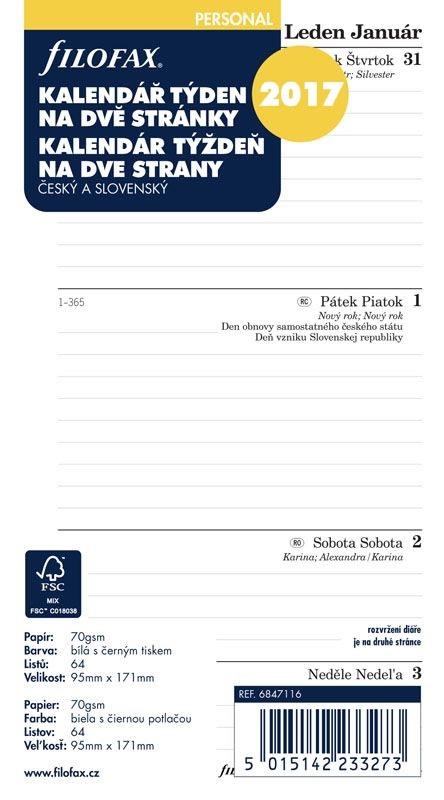 Náhradní vložky do diářů Filofax  -  kalendář osobní 2019 týden / 2 strany
